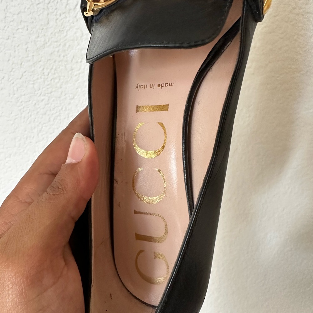 Gucci Sylvie Black Leather Chain Web Stripe Block Heel Pumps Shoes 37.5 - Picture 4 of 5